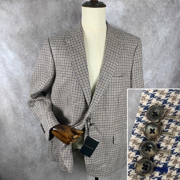 J. Hilburn Vitale Barberis Blazer Jacket Men 47R Check Linen Sport Coat NEW